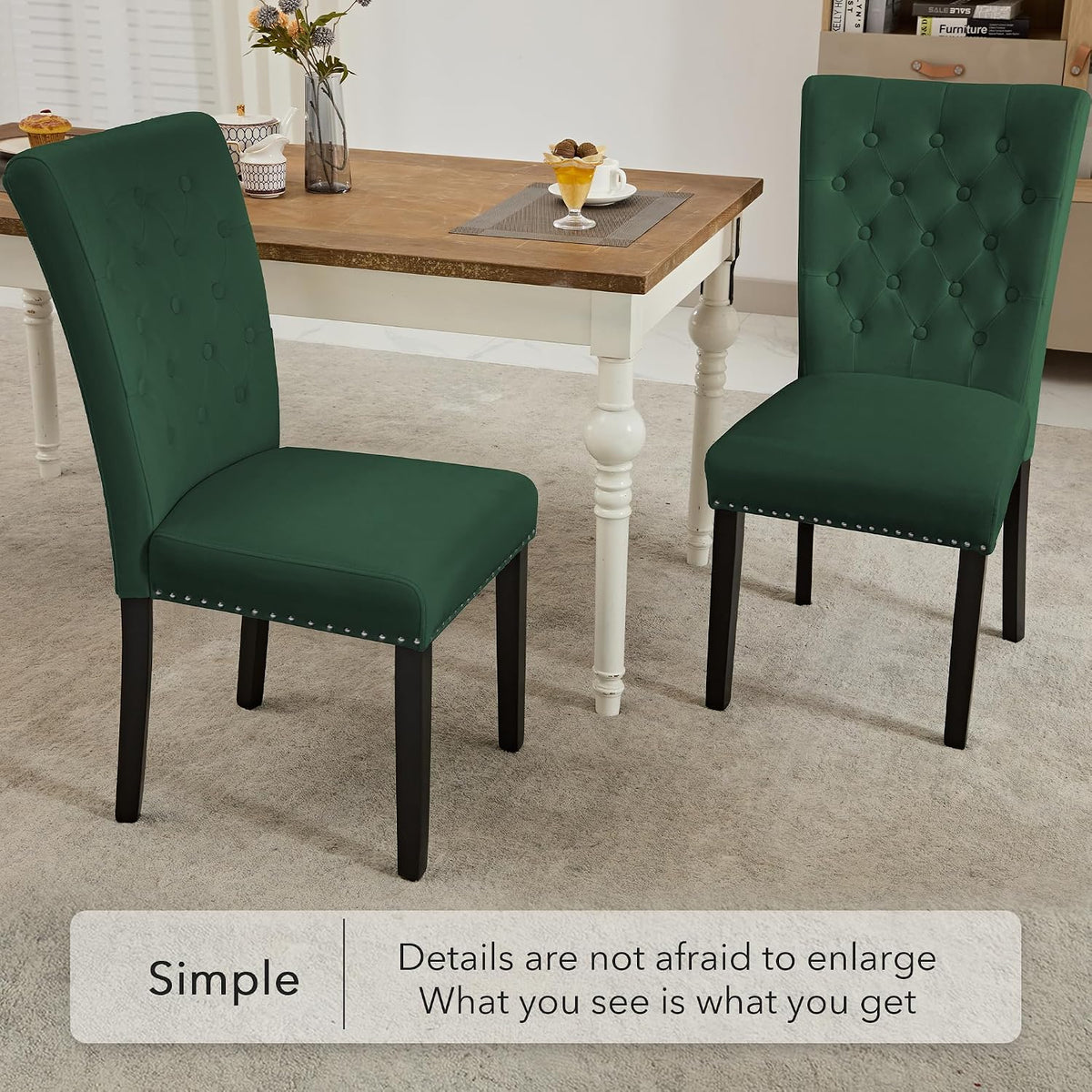 adochr Velvet Dining Chairs Set of 2, Parsons Kitchen Chair, Green | Wooden Legs & Nailed Trim, Upholstered Dining Room Chairs 350 LBS Capacity