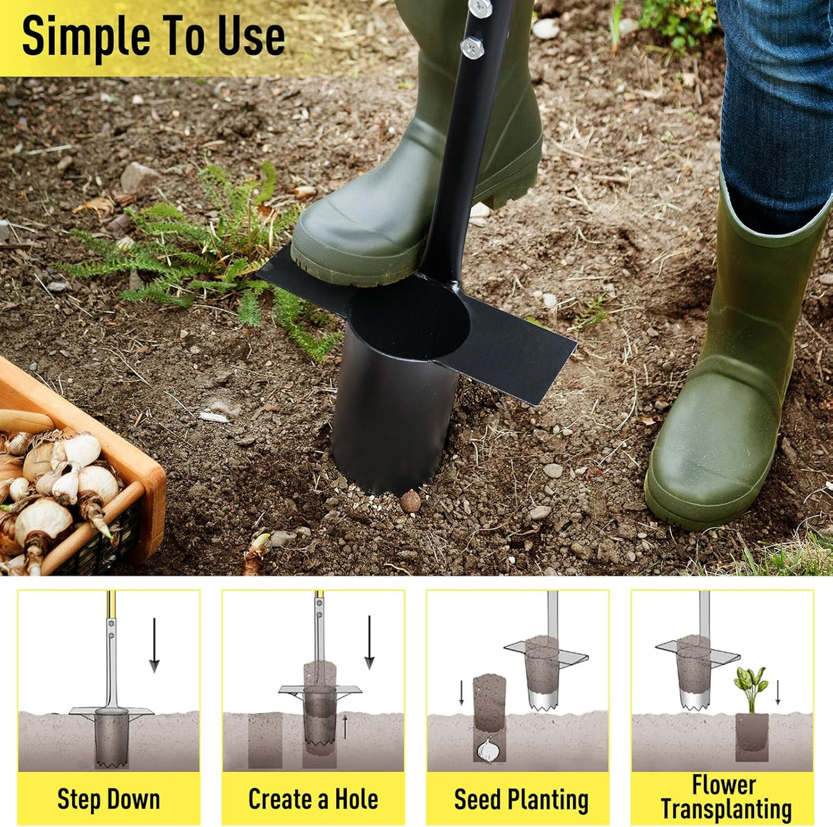Jardineer Bulb Planter Tool Long Handle, Heavy Duty Stainless Steel Garden Transplanter with Ergonomic Handle, Ideal for Planting Bulbs, Seedlings, Flowers & Vegetables, Durable Gardening Hand Tool