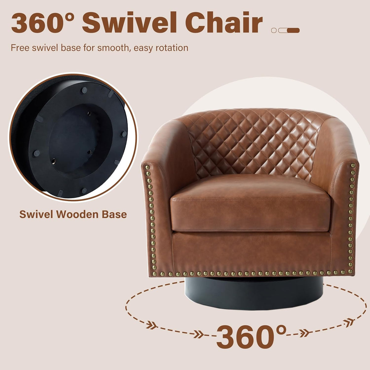 Pia Ricco Swivel Barrel Accent Chairs Set of 2, 360° Swivel Round Single Sofa Chair, Faux Leather Comfy Upholstered Club Armchair with Nailhead Trim for Living Room/Reading Room/Bedroom, Brown