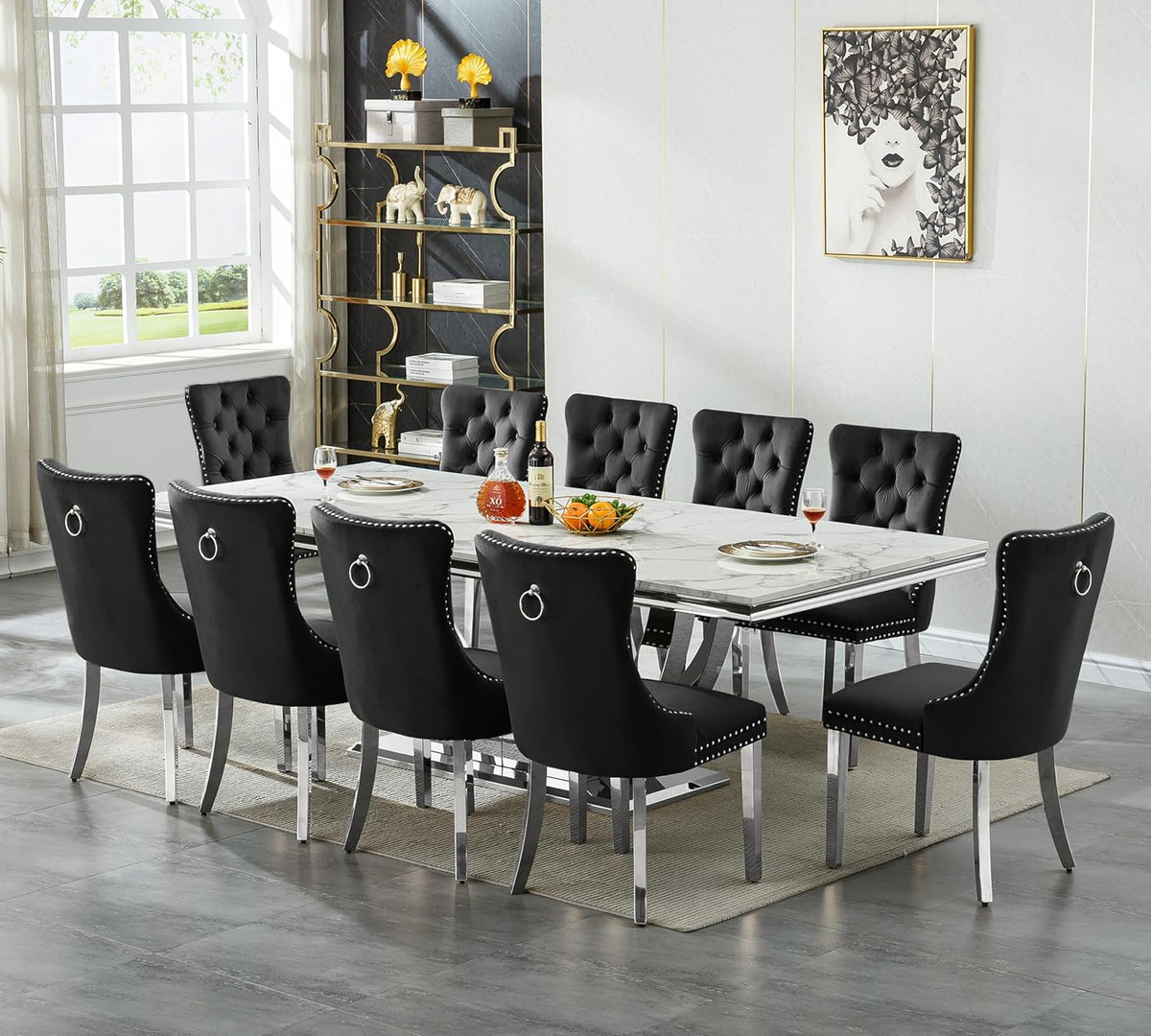 94.5" Large Dining Table for 10-12 People, Modern White Rectangle Kitchen Dinner Table w/Faux Marble Top&Silver Steel U-Base, Extral Long Dining Room Tables for Kitchen Living Room