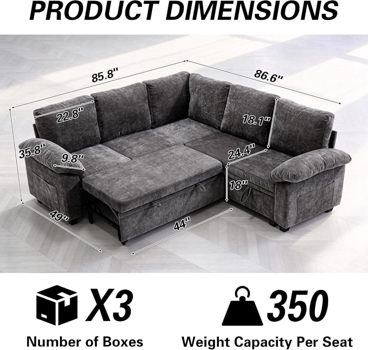 Sofa Bed, Sleeper Sofa with Pull Out Bed, L Shaped Modular Sectional Couch with Storage Ottoman, Modern Chenille Cloud Couch, Convertible Sofa Cama para Sala, Multiple Sizes (Light Gray, 5)