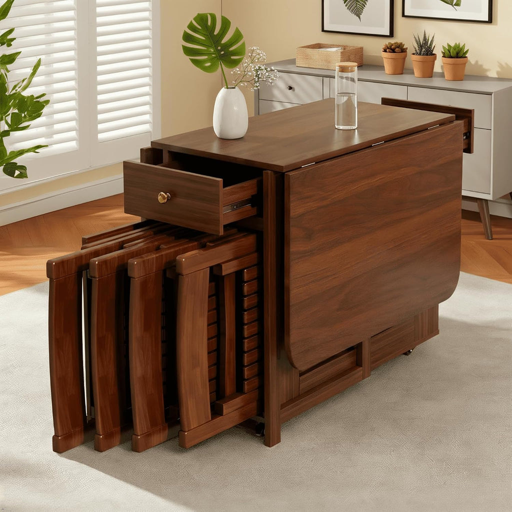 Drop Leaf Table and Chairs - 51" Fully Assembled Folding Dining Table 4-6 Seater with Storage and Lockable Wheels, Space-Saving Set with 4 Chairs for Kitchen or Dining Room (Walnut)