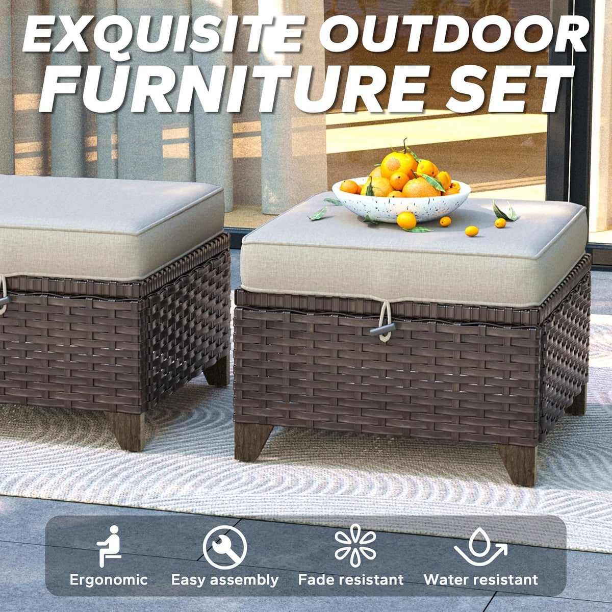 2 Pieces Patio All-Weather Wicker Ottomans with Cushions, PE Rattan Outdoor Conversation Furniture Set for Backyard, Deck, Lawn (Beige)