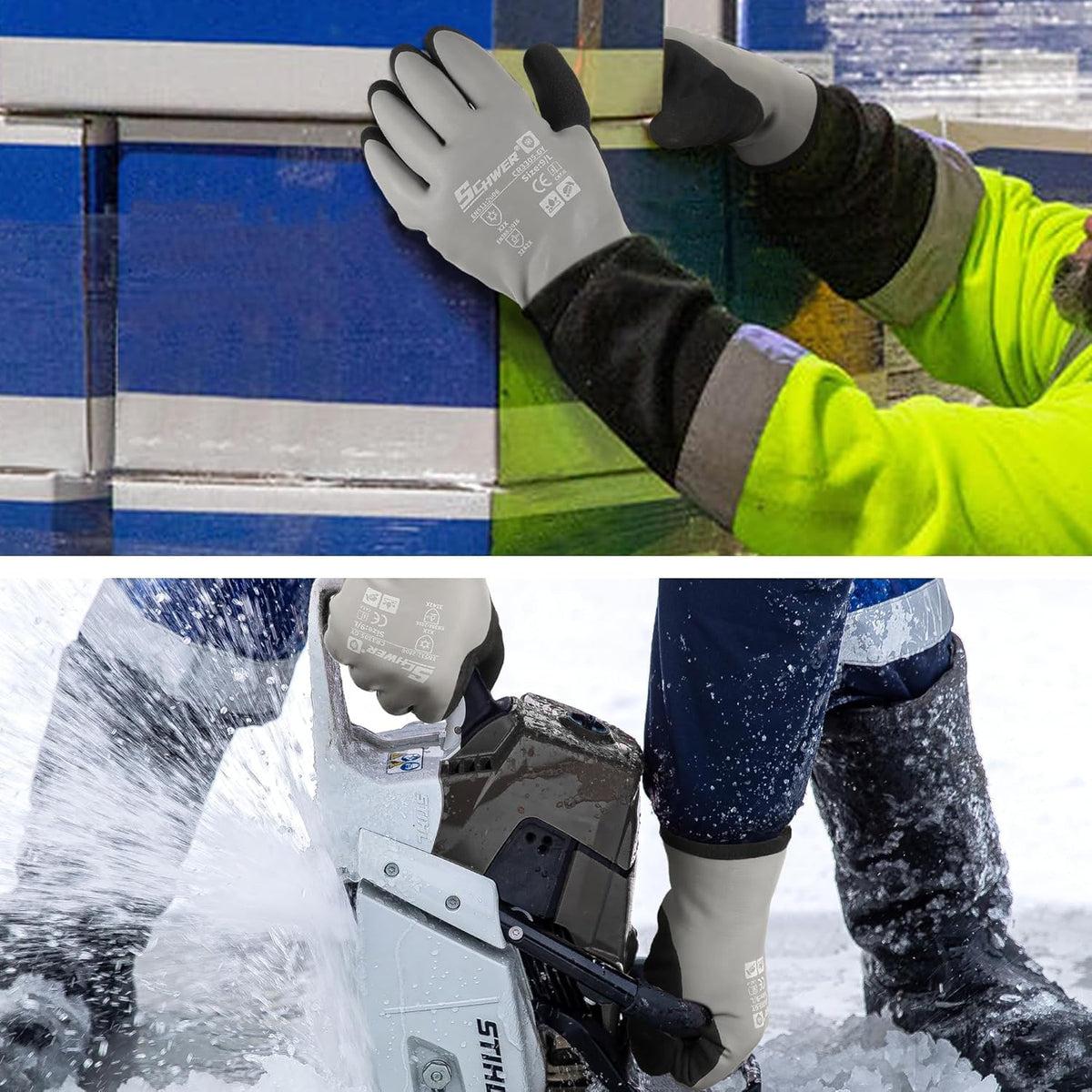 Schwer 2 Pairs 100% Waterproof Winter Work Gloves, ANSI A2 Cut Resistant Freezer Gloves for Outdoor Cold Weather Keep Hands Warm, Enhanced Warmth & Durability, for Shoveling Snow, Ice Fishing, L