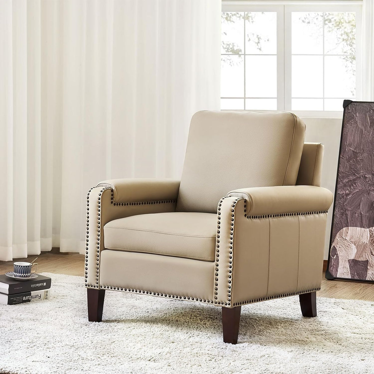 HULALA HOME Genuine Leather Accent Chair Set of 2 with Nailhead Trim, Beige | Mid-Century Modern Armchair with Solid Wood Legs, Rolled Arms, and Removable Cushion