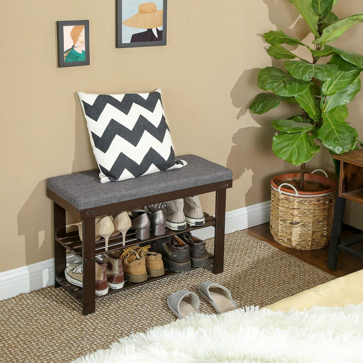 SONGMICS Bamboo Shoe Bench, 3-Tier Shoe Rack Organizer for Entryway, Living Room, Bench Seat Holds Up to 300 lb, 11.9 x 28.3 x 19.2 Inches, Rustic Walnut and Slate Gray ULBS604CG