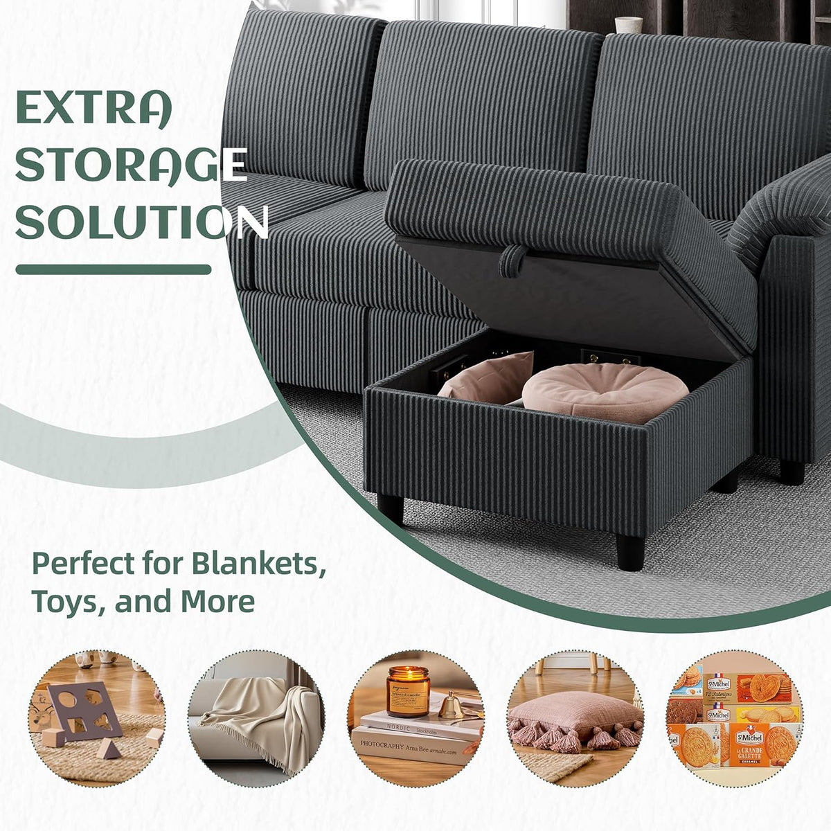Vongrasig 79" Convertible Sectional Couches Sofa with Storage Ottoman, 3 Seat L Shaped Couch with Side Storage Pockage, Small Couches for Living Room, Apartment and Small Space, Grey