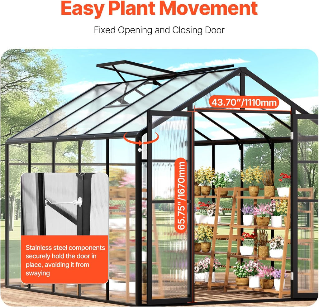 VEVOR Polycarbonate Garden Greenhouse, 8 x 10 Ft, with 2 Ventilation Windows, Hinged Door, Pavilion Style, Large Aluminium Greenhouse Kit, Flower Plant Shelter for Outdoors, Backyard