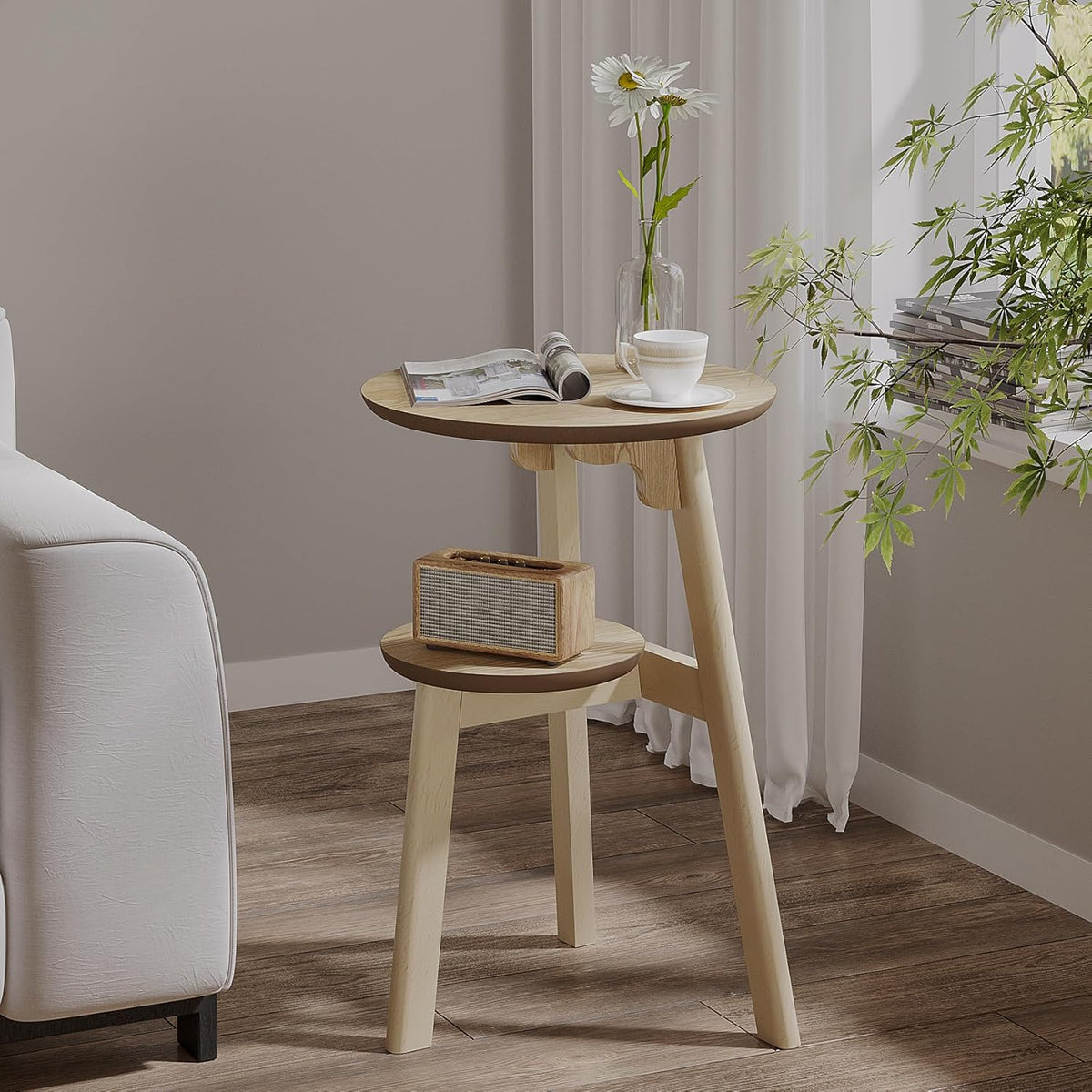 ChooChoo Round End Table for Small Spaces, Narrow Side Table, Accent Table Night Stand with 2 Tier Shelf for Bedroom and Living Room, Natural