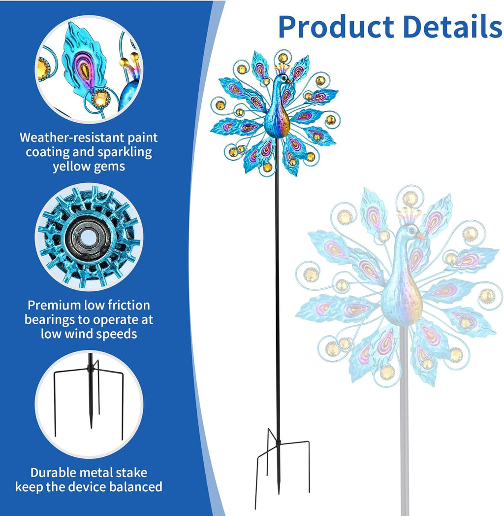 Wind Spinner for Yard and Garden Peacock Windmill Outdoor Metal Kinetic Art Wind Sculpture for Yard Patio Lawn Decoration 55 Inch,Gifts for Women