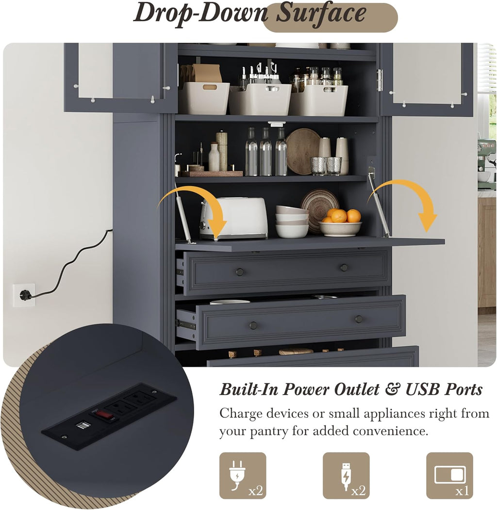 78" Tall Kitchen Pantry Cabinet with 3 Drawers, Large Wooden Kitchen Organizers Storage Cabinet Cupboard with Power Outlet and Adjustable Shelves for Dining Room, Living Room, Grey