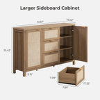 SICOTAS Rattan Sideboard Buffet Cabinet with Storage - 52" Larger Farmhouse Credenza Storage Coffee Bar Cabinet with 3 Drawers & 2 Doors, Boho Console Table for Living Room, Kitchen, Caramel Oak