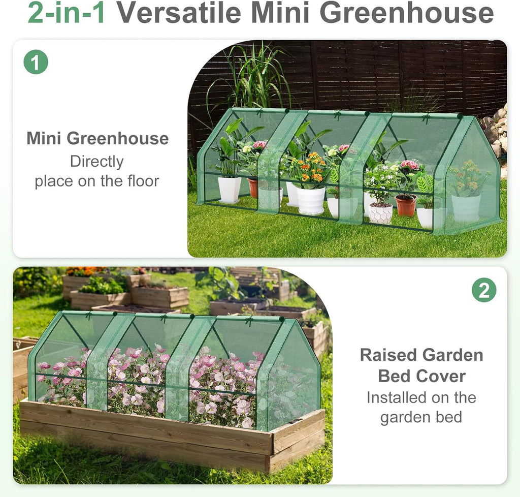Aoodor 9 x 3 x 3 ft Mini Greenhouse with 3 Zipper Doors, Water-Resistant, UV-Protected for Flowers, Vegetables, and Herbs, Green