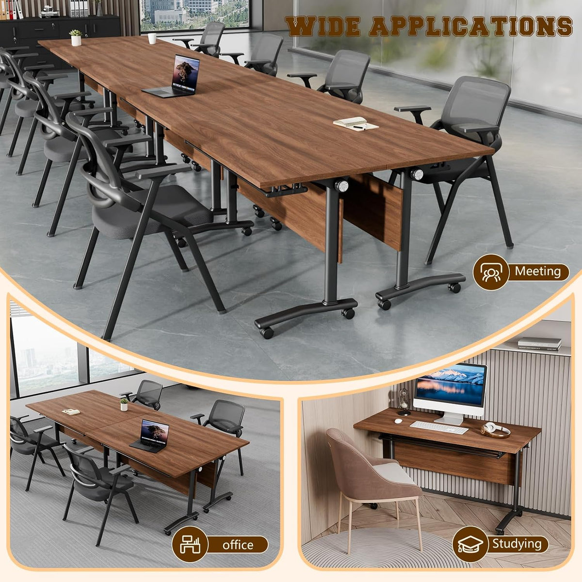 Folding Conference Table for 2-30 Person Modern Large Flip-Top Mobile Meeting Tables with Locking Wheels,Conference Room Table for Office Training Modular Seminar Table (10, Walnut, L70.9in)