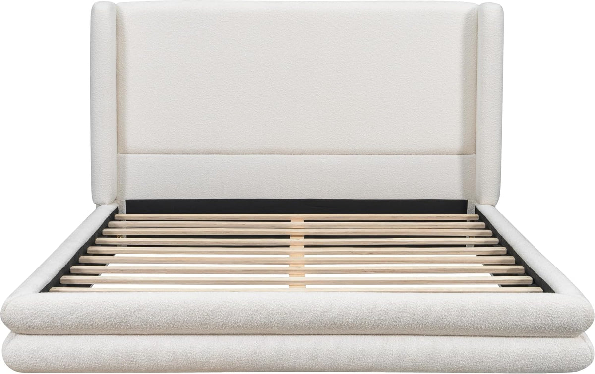 Queen Size Boucle Bed Frame, Upholstered Cloud Beds Frames with Headboard, Soft Platform Bed Frame with Thickened Footboard,12 Wooden Legs Support, No Box Spring Required (42" White, Queen)