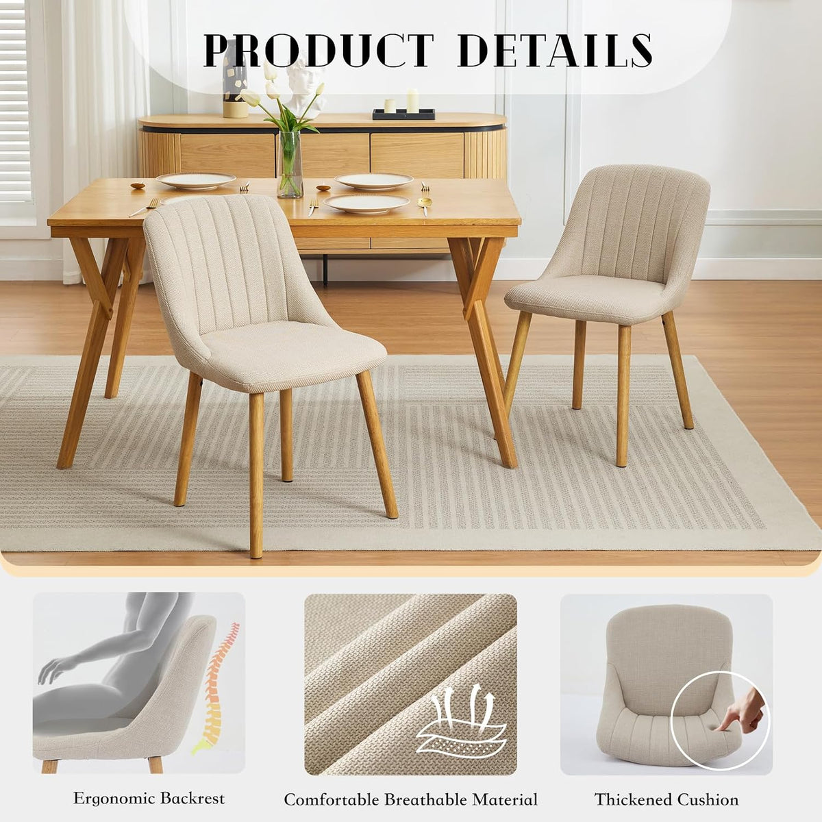 Dining Chairs Set of 6,Modern Fabric Upholstered Kitchen Chairs with Solid Oak Legs,Weight Capacity 300lbs,Easy Clean Fabric,Ergonomic Curved Back (Beige 6PCS, Oversized)