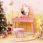 HONEY JOY Kids Vanity with Lights, Princess Wooden Makeup Table & Stool with Drawer, 3-Color LED Lights, Toddler Dressing Vanity for Little Girls, Pretend Play Kids Vanity Table and Chair Set (Pink)