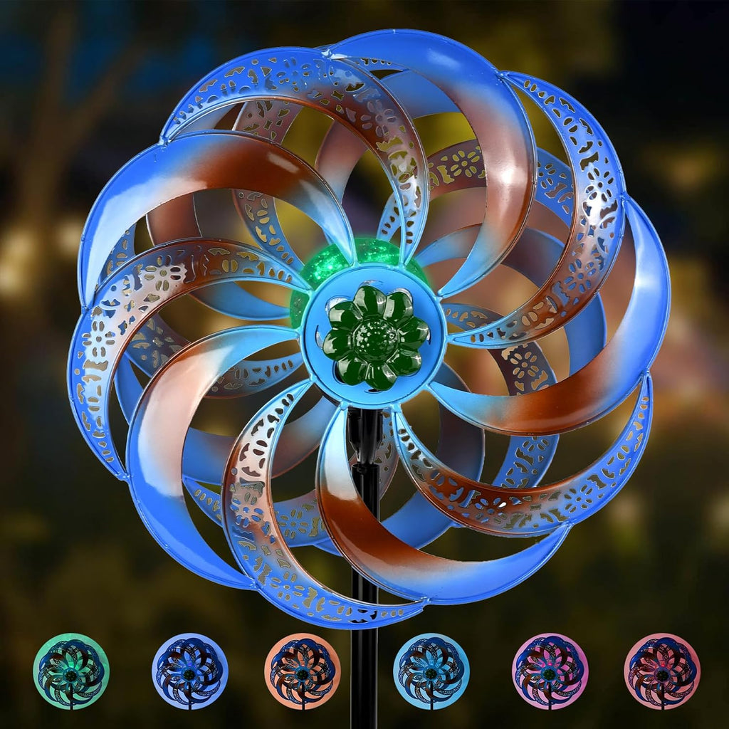 Wind Spinners Outdoor Clearance for Yard and Garden Metal Wind Spinners Outdoor 75 in Kinetic Art with Solar Powered Multi-Color Glass Ball Light for Backyard Lawn Decorations