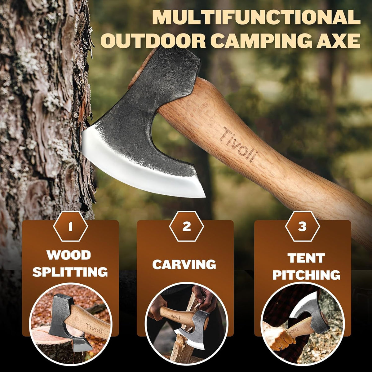 Tivoli 15 Inch Camping Axes and Hatchets, Bushcraft Axe for Wood Splitting and Kindling,Hand Forged Carbon Steel Chopping Axes Ash Wood Handle with Sheath for Camping and Survival