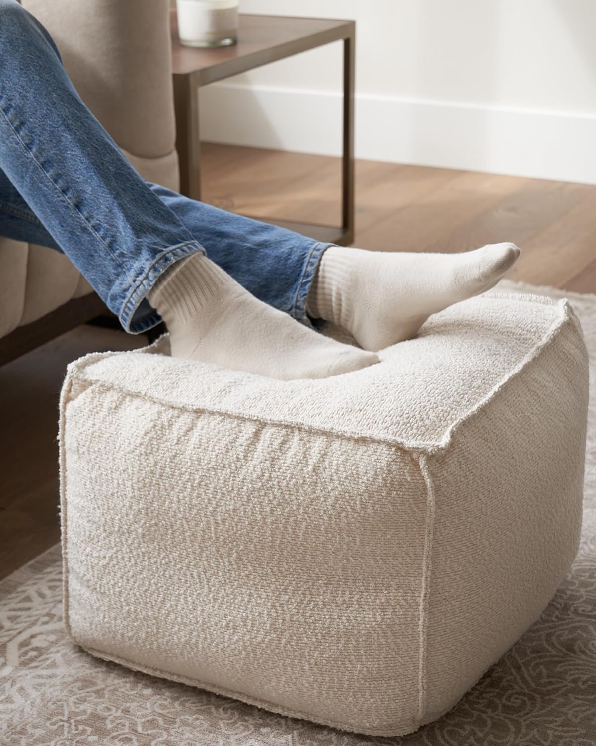 ZICOTO Beautiful Boucle Pouf Ottoman and Foot Rest - Elevate Your Living Room Decor with Lightweight Comfort and Charm - A Round Modern Foam Filled Foot Stool Perfect to Rest Your Feet