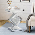 Crushed Diamond Mirrored End Table, Silver Side Accent Table, Small Mirrored Coffee Table for Living Room, Bedroom, 16"x16"x24"