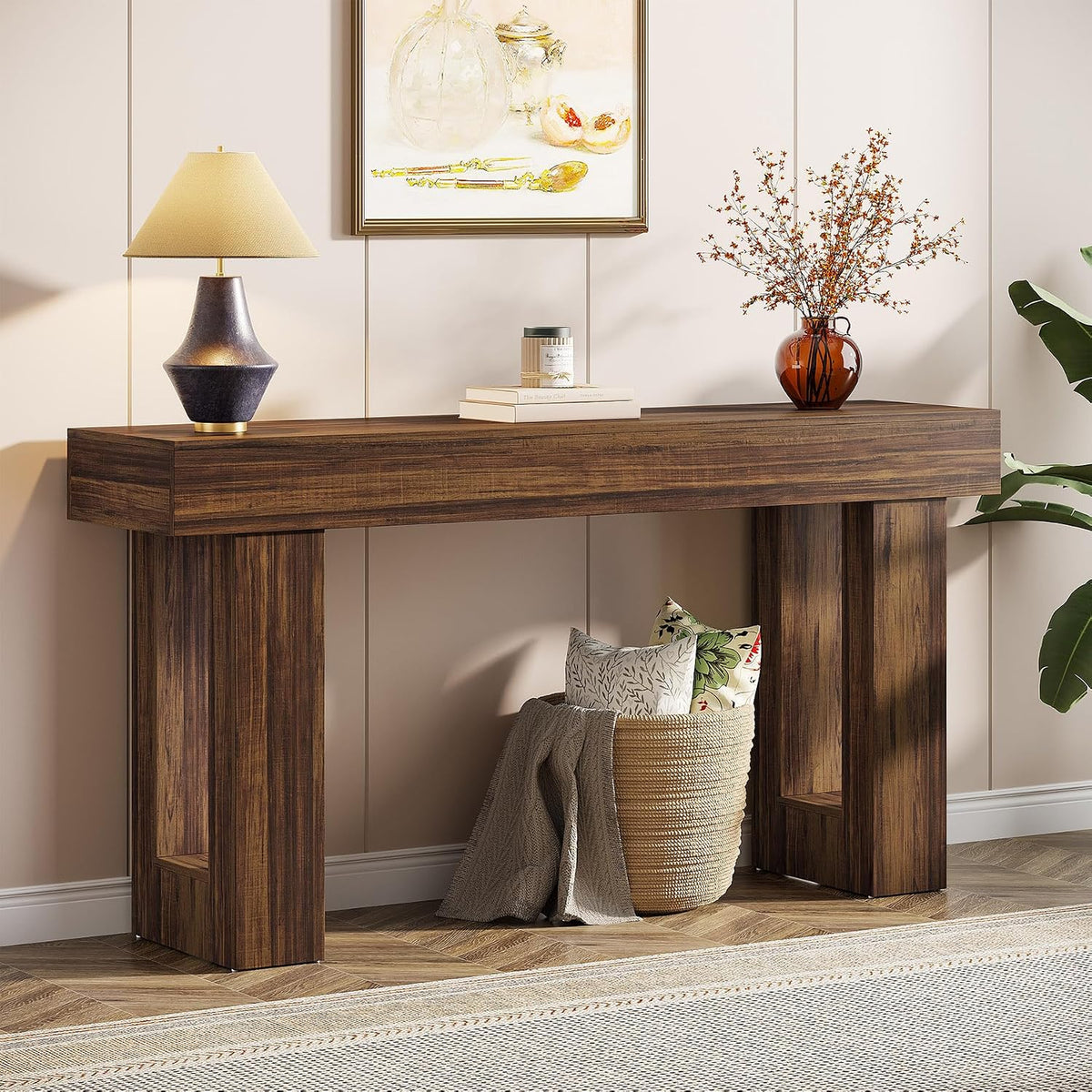 Tribesigns 63-Inch Long Console Table, MDF Wood Grain Rectangular Sofa Table Behind The Couch, Farmhouse Entryway Table for Entrance, Hallway, Living Room (Rustic Brown)