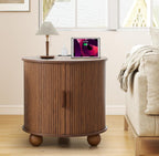 AVZEAR 24" Large Round End Table with Charging Station, Farmhouse Fluted Sofa Side Table with Sliding Tambour Door & Storage, Mid-Century Wood Nightstand for Living Room, Bedroom, Walnut
