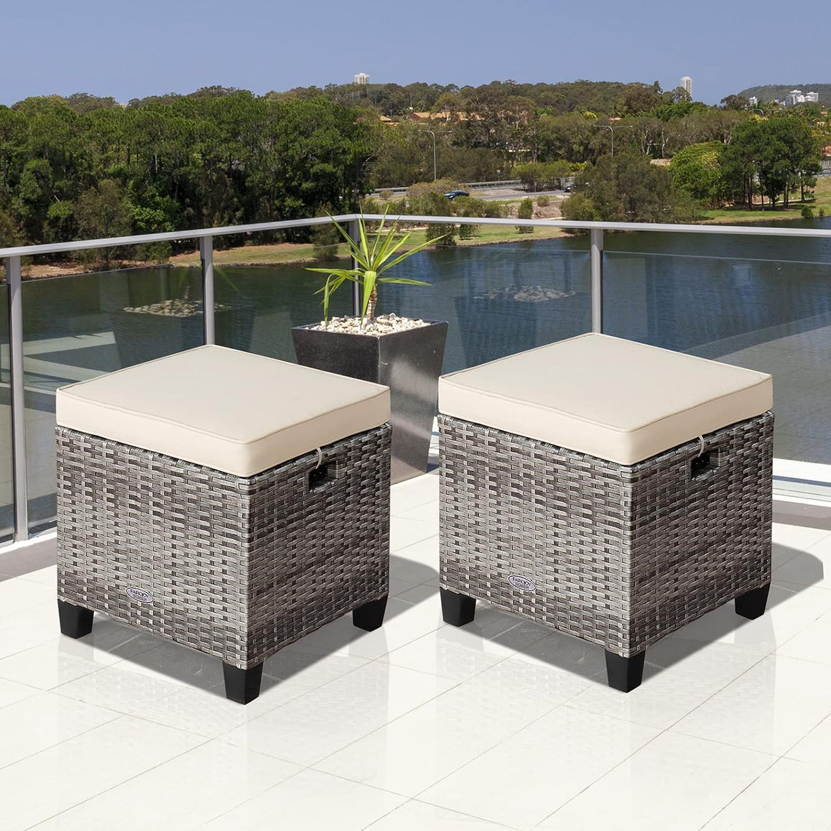 LDAILY Moccha 2 Pieces Patio Outdoor Ottoman, All Weather Rattan Patio Ottoman Set w/Removable Cushions, Footrest Seat Outdoor Footstool (Mix Grey + White)