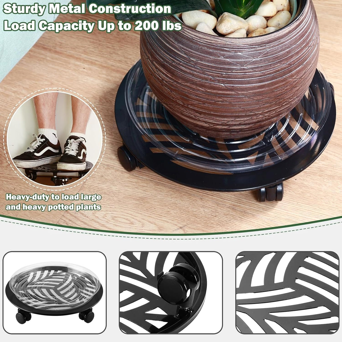 3 Packs Large Metal Plant Caddy with PU Wheels 13.6" Heavy-duty Wrought Iron Rolling Plant Stands Indoor Outdoor Wheeled Plant Dolly Planter Mover Rollers Plant, Leaf Style