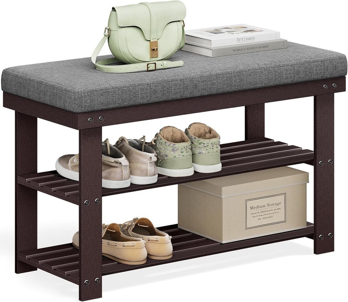 SONGMICS Bamboo Shoe Bench, 3-Tier Shoe Rack Organizer for Entryway, Living Room, Bench Seat Holds Up to 300 lb, 11.9 x 28.3 x 19.2 Inches, Rustic Walnut and Slate Gray ULBS604CG