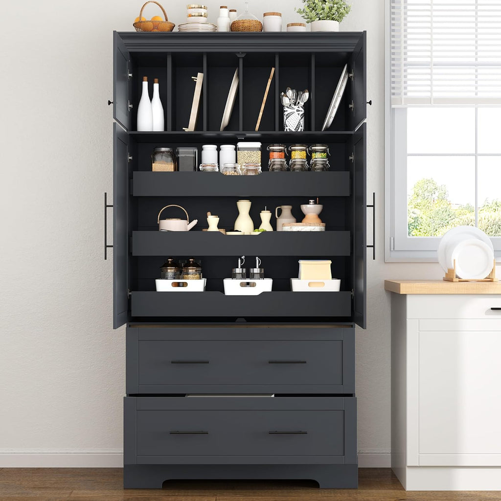 Farmhouse Pantry Cabinet, 72.6''H Freestanding Food Pantry with Pull-Out Trays, Drawers and Cake Pan Storage Organizer, 4 Doors Kitchen Cabinet for Dining Room, Grey