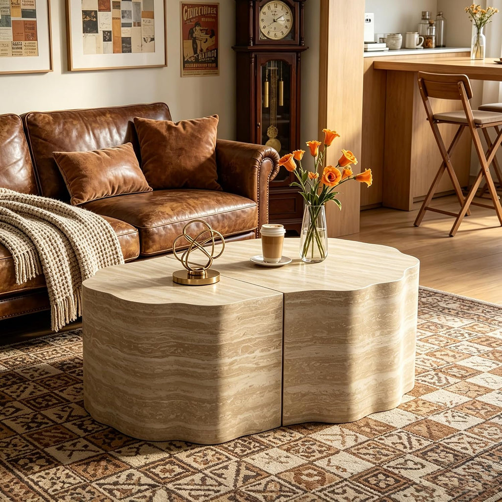 40" Nesting Set Living Room Coffee Tables, Accent Tea Table with Wooden Frame, Center Table Pre-Assembled for Apartment Balcony and Office Spaces, Beige