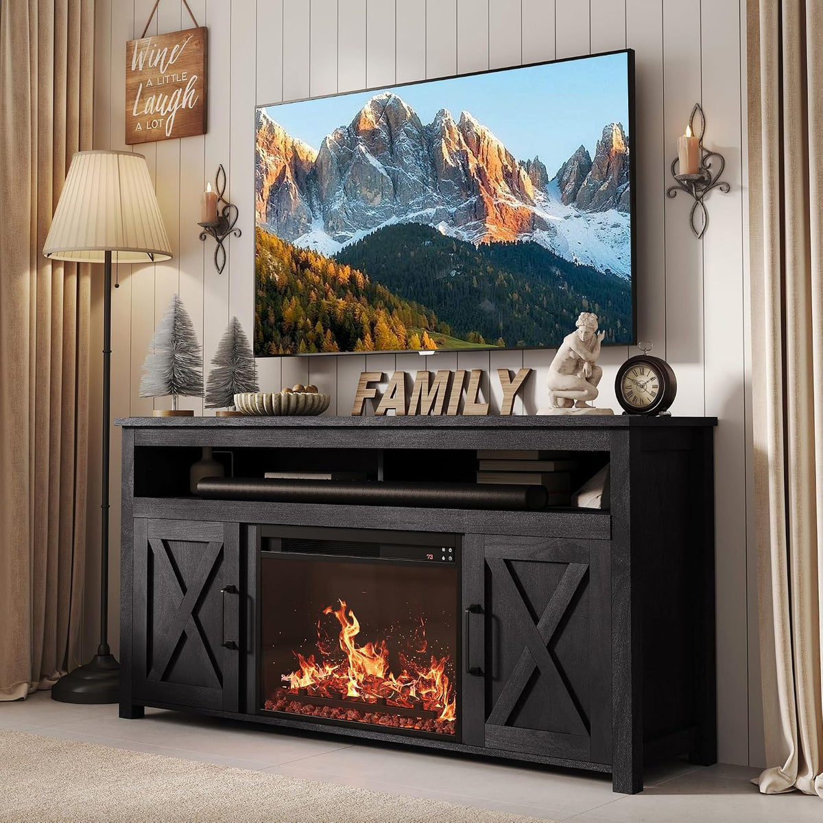 BELLEZE 58" Farmhouse Fireplace TV Stand for TVs up to 65", 23" Electric Fireplace Heater with Sound, Entertainment Center Media Console Table Barn Door Storage Cabinets for Living Room - Rustic Grey