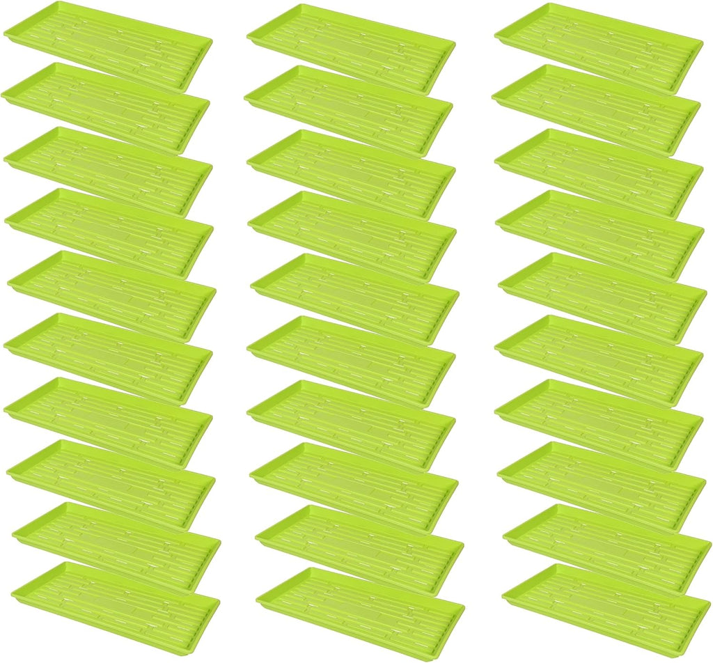 SUNPACK 10" x 20" Heavy Duty Shallow Plastic Seed Starting Tray, Lime Green, 1" (Pack of 30) - Lined with Drainage Holes for Excess Water and Aeration, Ideal for Greenhouses or Indoor Gardening