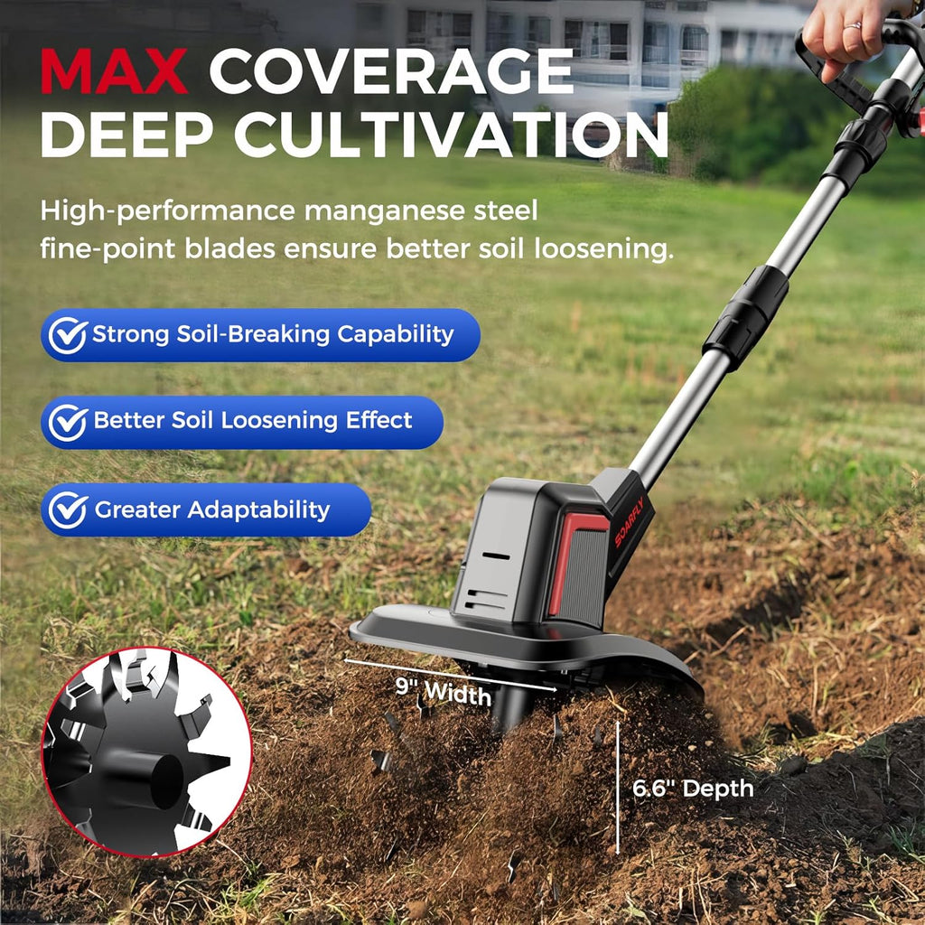 Cordless Electric Tiller for Gardening, Total 8.0Ah Battery Powered Mini Cultivator with 2×4.0AH Batteries & Charger, 9" Width, 6.6" Depth, 48 Steel Tines Rototiller for Soil Cultivation