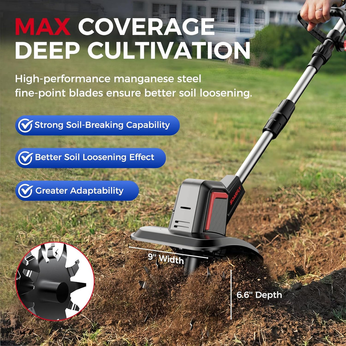 Cordless Electric Tiller for Gardening, Total 8.0Ah Battery Powered Mini Cultivator with 2×4.0AH Batteries & Charger, 9" Width, 6.6" Depth, 48 Steel Tines Rototiller for Soil Cultivation