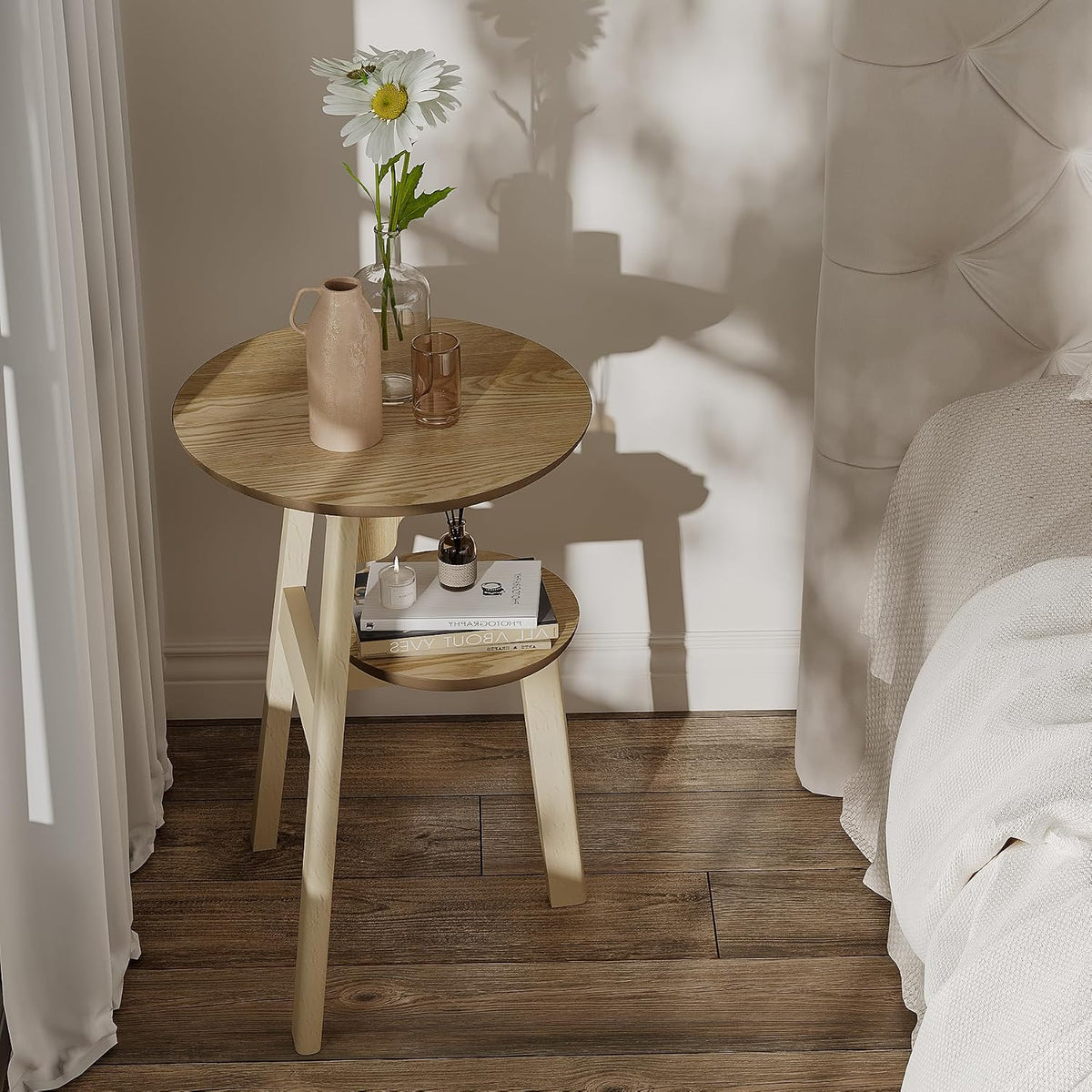 ChooChoo Round End Table for Small Spaces, Narrow Side Table, Accent Table Night Stand with 2 Tier Shelf for Bedroom and Living Room, Natural