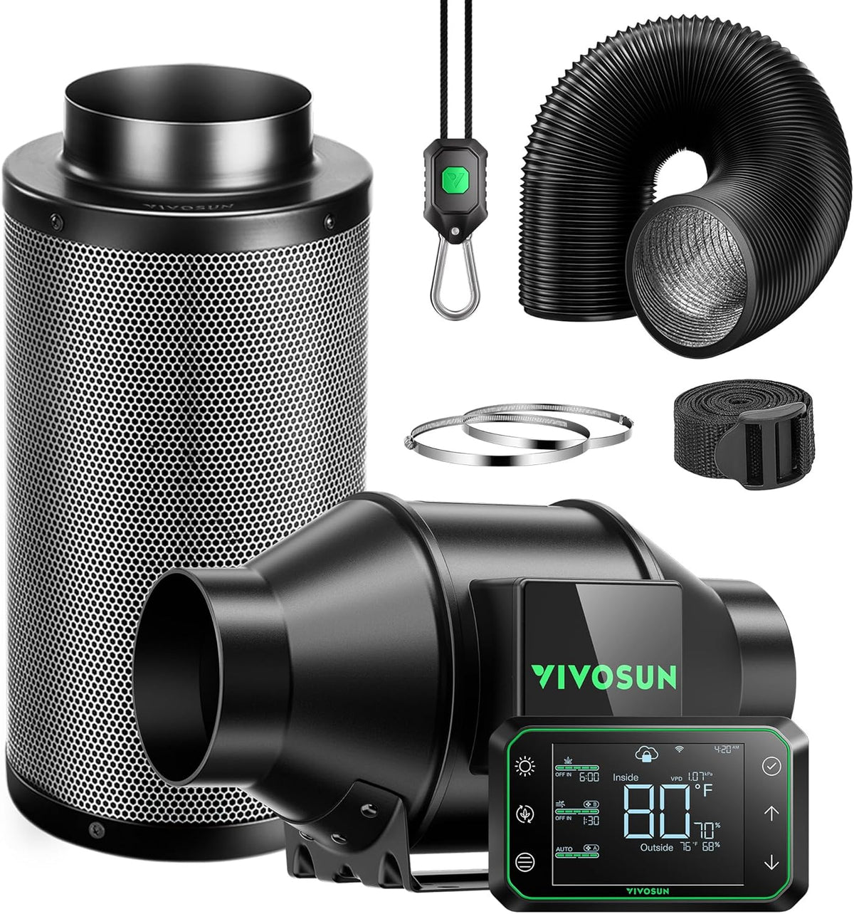 VIVOSUN Smart Air Filtration PRO G4 Kit 4", AeroZesh G4 Inline Duct Fan w/GrowHub E42A Temp. Humidity WiFi-Controller, Carbon Filter & Ducting, Cooling & Ventilation System for Grow Tent, Hydroponics