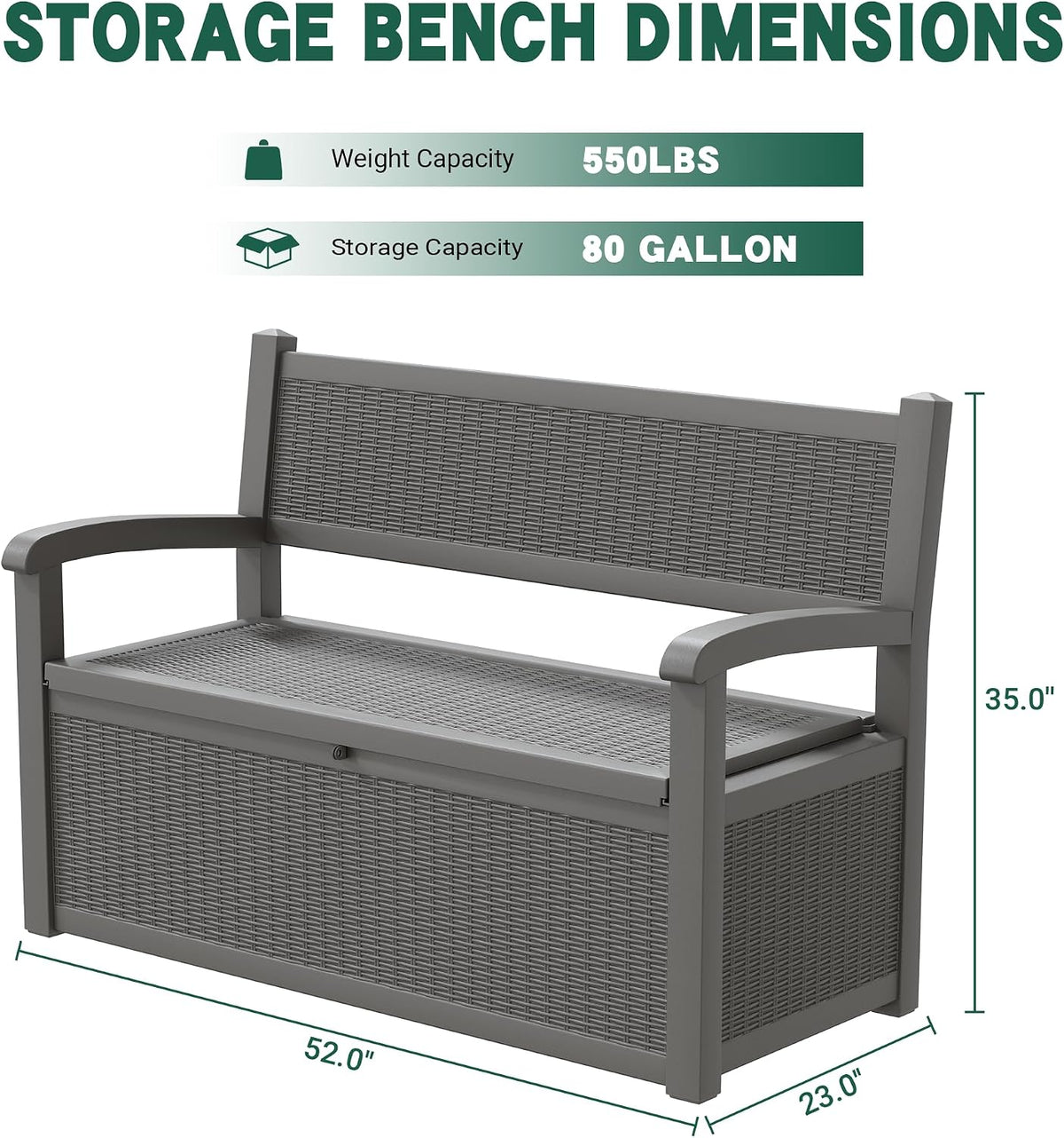 80 Gallon Outdoor Storage Box, Resin Patio Furniture with Armrest, Lockable Deck Box with Waterproof and UV Resistant for Patio Cushions, Garden Tools and Pool Supplies, Grey