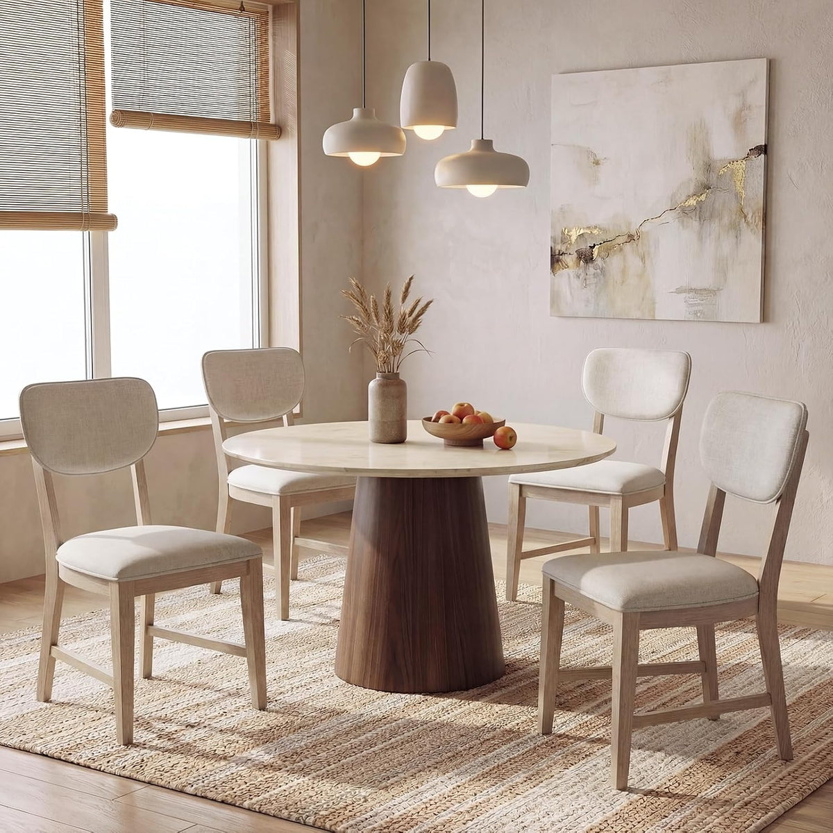 COLAMY Solid Wood Dining Chairs Set of 2, Mid Century Modern Upholstered Kitchen Chairs with 3.3" Thick Cushion & Anti-Slip Pads, Farmhouse Rubber Wood Dining Room Chairs, Oak Nature