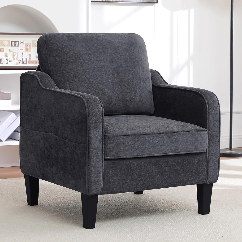 Accent Chair for Living Room, Mid Century Modern Reading Chair for Bedroom, Upholstered Armchair with Side Pockets, Comfy Single Sofa Side Chair for Office, Apartment, Small Room, Dark Grey