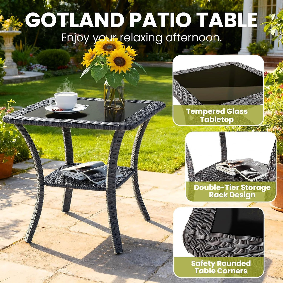 Gotland Outdoor Swivel Chairs Set of 2, 5 Pieces Patio Furniture Set with Ottomans Rattan Coffee Table Thick Cushion, Outdoor Swivel Rocker Wicker Patio Bistro Set for Balcony Porch, Grey