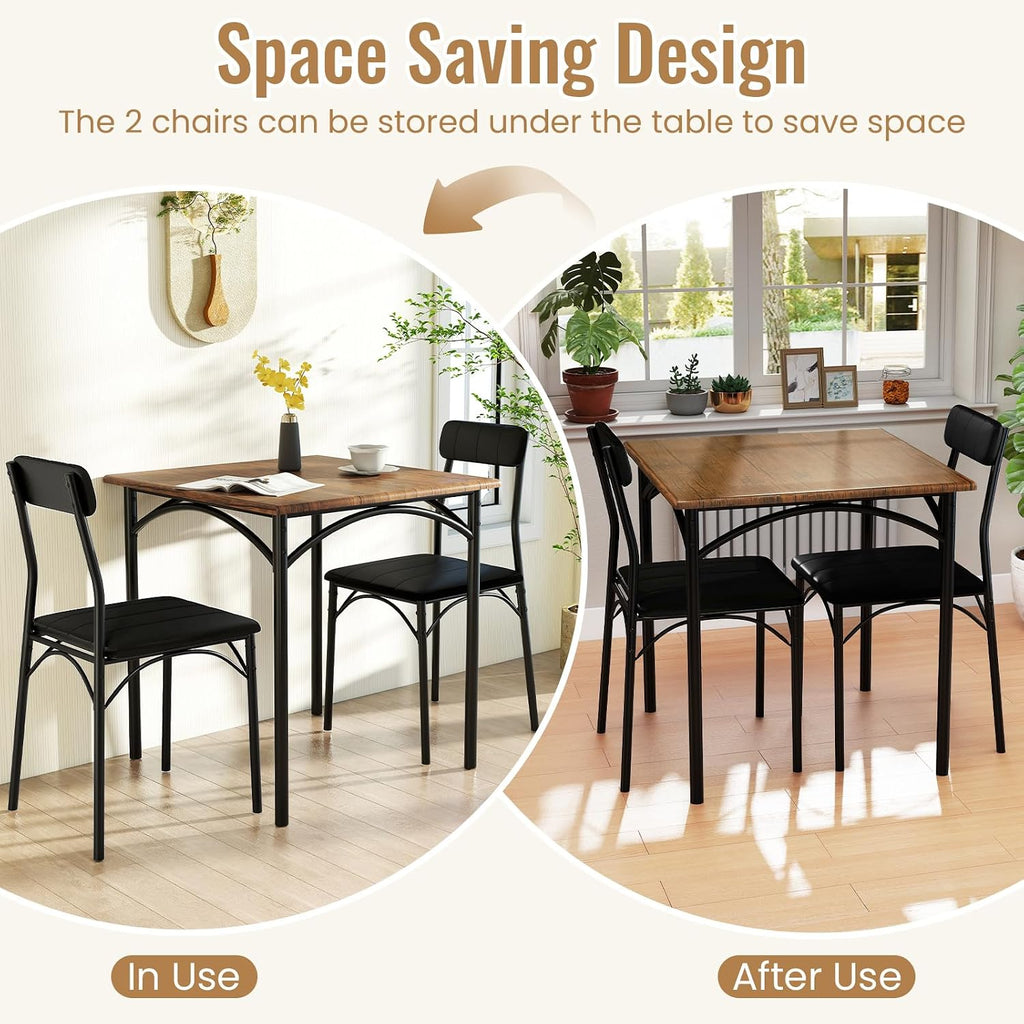 Giantex 3-Piece Dining Table Set, Square Kitchen Table with 2 Upholstered Armless Chairs, Padded Backrest, Metal Frame, Space-Saving Dinette Set for Small Spaces, Living Room, Dining Room