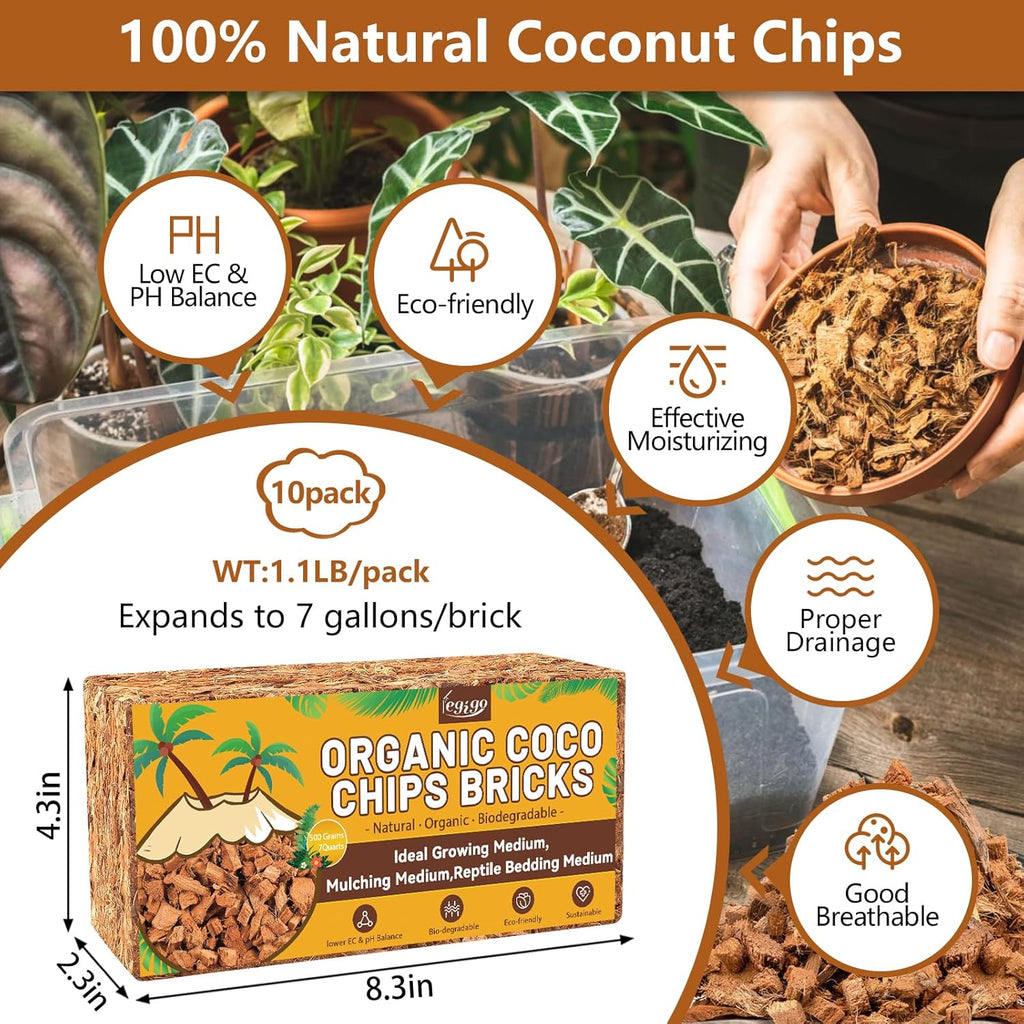 Legigo 10 Pack Coco Husk Chips- 11 LB 100% Organic Coconut Coir Chips Brick Potting Soil Mix with Low EC & PH Balance, Compressed Coconut Substrate Coco Chips Mulch Medium for Garden, Flowers, Plants