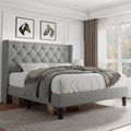 iPormis Queen Size Platform Bed Frame with Button Tufted Headboard, Upholstered Bed Frame with Solid Wooden Slats, 8" Underbed Space, No Box Spring Needed, Noise Free, Easy Assembly, Light Gray