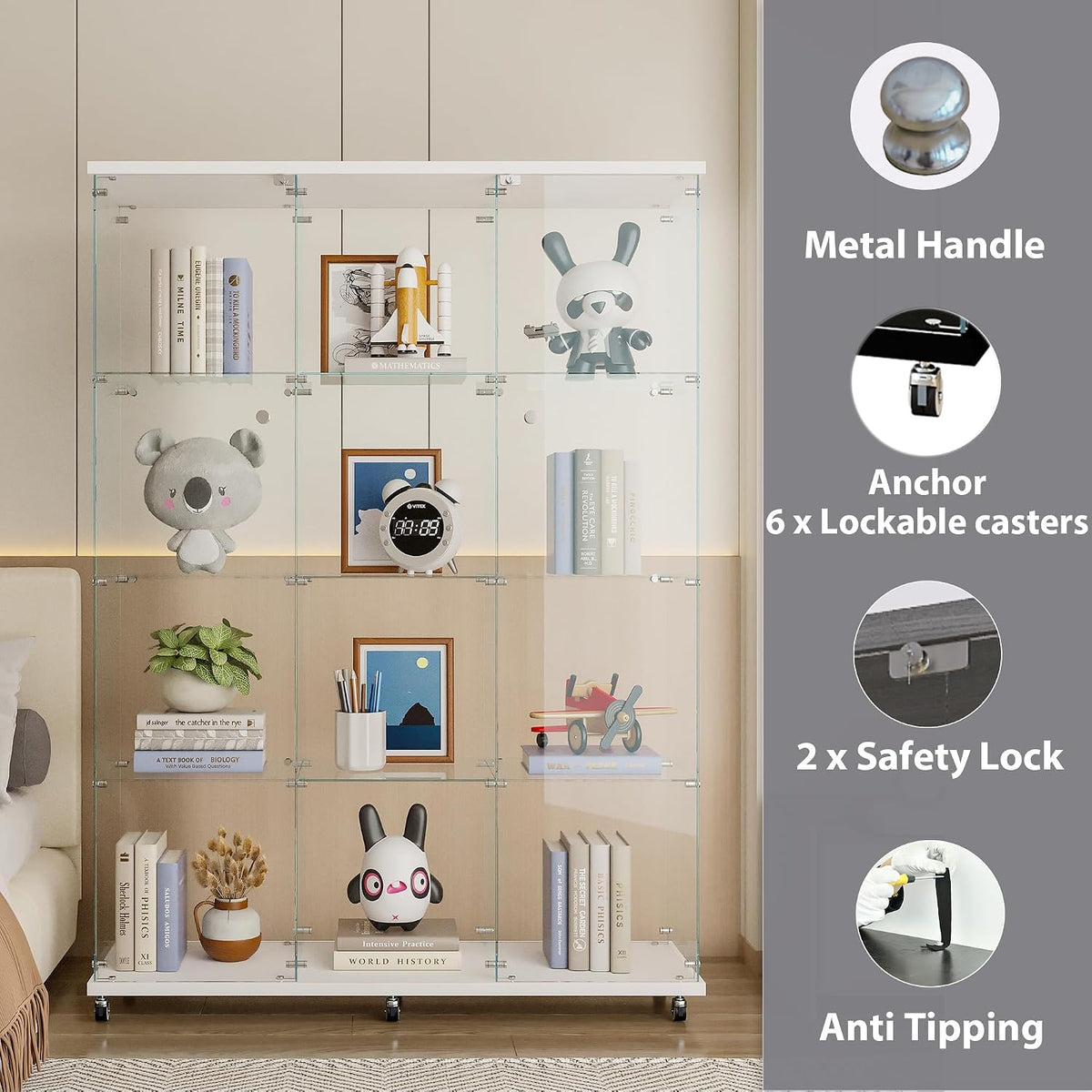 66.5" H 4-Shelf Extra Large Glass Display Cabinet with Double Doors,Modern Floor Standing Curio Cabinet Bookshelf Collection Display Case with Lockable Casters & Lock for Living Room (White)