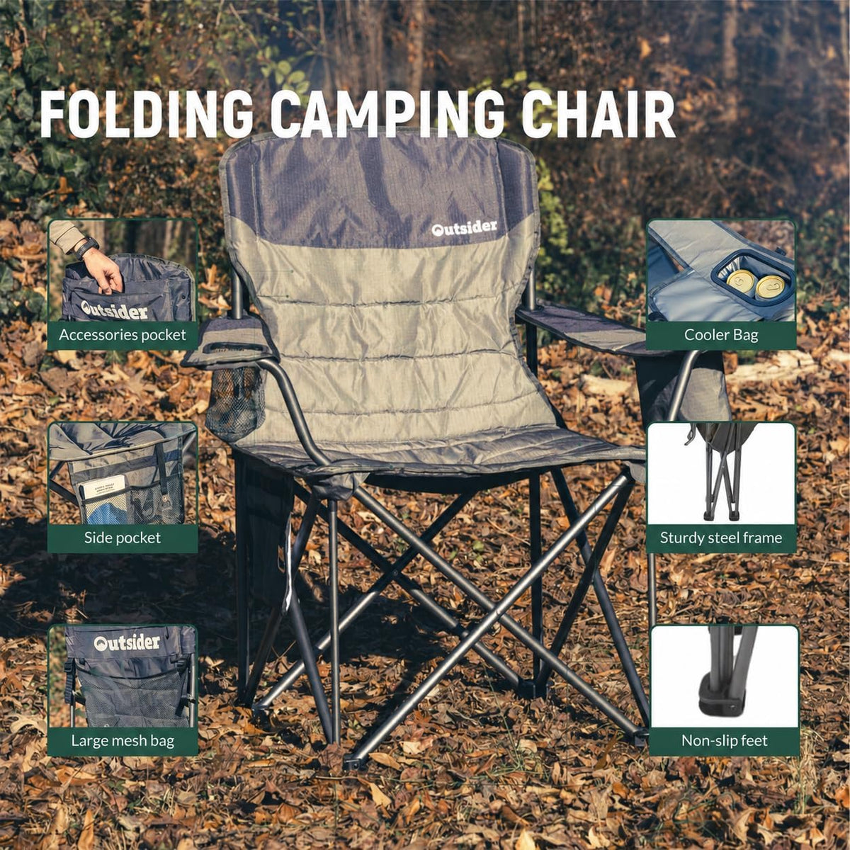 OUTSIDER Oversized Camping Folding Chair, Heavy Duty 500 LBS Portable Foldable Outdoor Chair Camp Chair with Cup Holder and Cooler Bag, Bottle Opener for Camping, Travel, Backpacking,Lawn, Patio