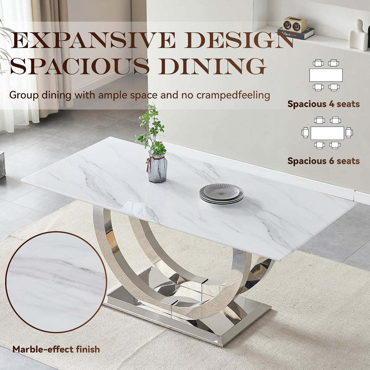 SSLine Modern White Marble Dining Table for 6,Luxury 69" Faux Marble Kitchen Table for 4 6 8, Rectangle Dining Room Table with Silver Stainless Steel U-Shape Base(1 Table Only)