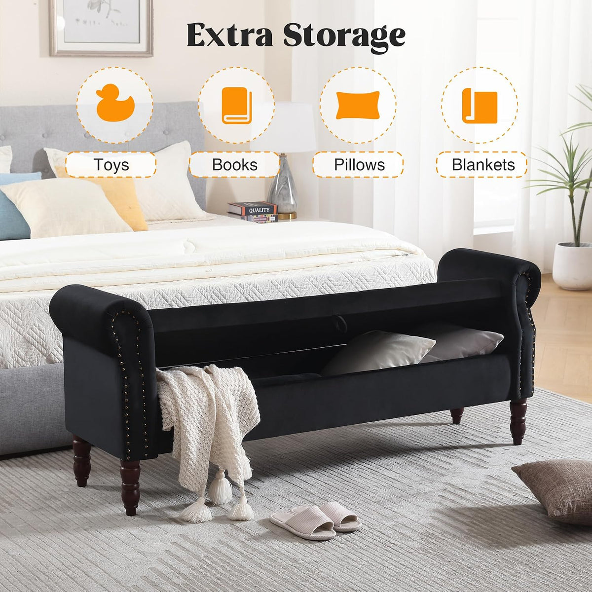 67" End of Bed Storage Bench King Size, Storage Bench for Bedroom, Velvet Bed Bench with Storage Upholstered Tufted Storage Ottoman Bench with Arms for Bedroom, Living Room, Entryway, Black