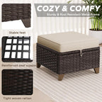 2 Pieces Patio All-Weather Wicker Ottomans with Cushions, PE Rattan Outdoor Conversation Furniture Set for Backyard, Deck, Lawn (Beige)